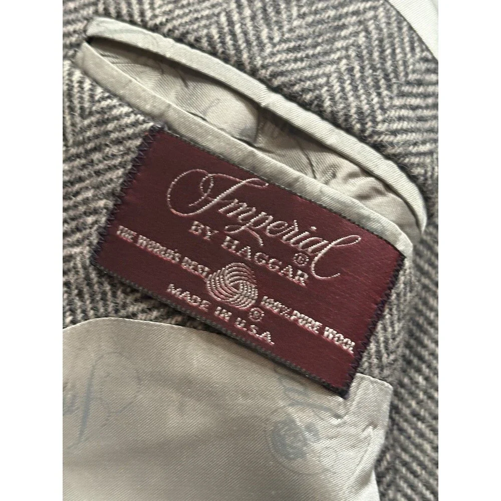 Vintage Imperial Haggar 100% Pure Wool Herringbone Tweed Blazer Size 42 Made USA